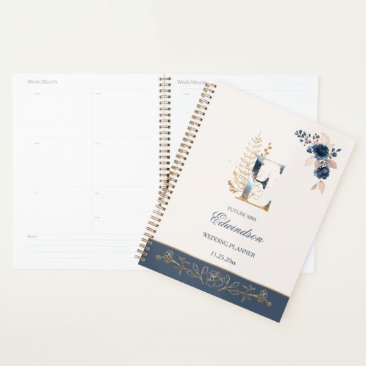 Aquarelle marine bleu & or rose Wedding planner (Devant avec enveloppe)