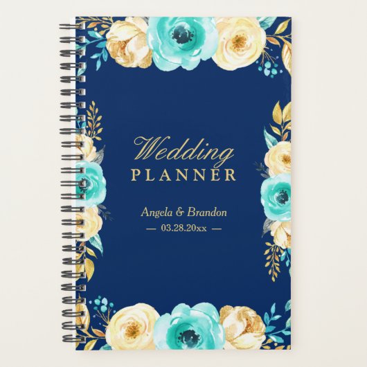 Aquarelle marine bleu Turquoise or Mariage Floral (Devant)