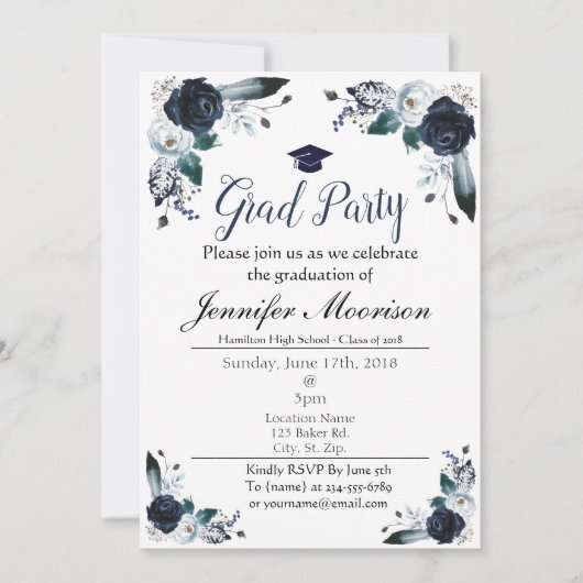 Aquarelle Marine Blue Floral Invitation (Devant)