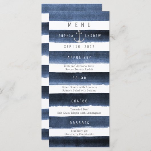 Aquarelle marine rayures de plage menu mariage (Devant / Derrière)