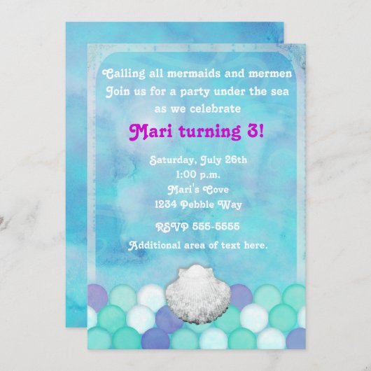 Aquarelle Mer Sirène Échelles Shell Invitation (Devant / Derrière)