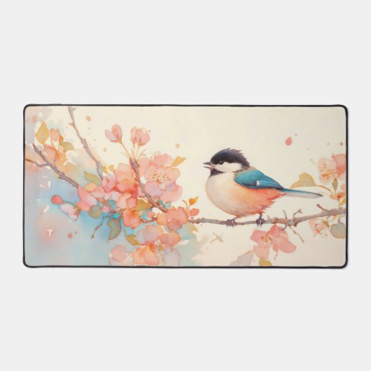 Aquarelle Mésange Fleur de Pêcher Corail Orange (Recto)