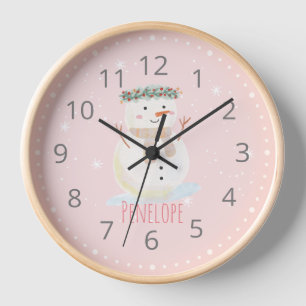 Aquarelle mignonne Snowman et nom Mur horloge