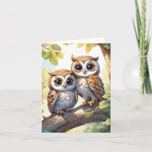 Aquarelle Mignons Kawaii Chibi Hiboux Carte de vœu