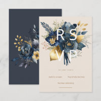 aquarelle minuit bleu or floral carte rsvp