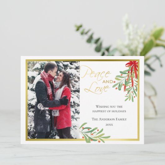 Aquarelle Mistletoe & Or | Carte photo de vacances (Debout devant)