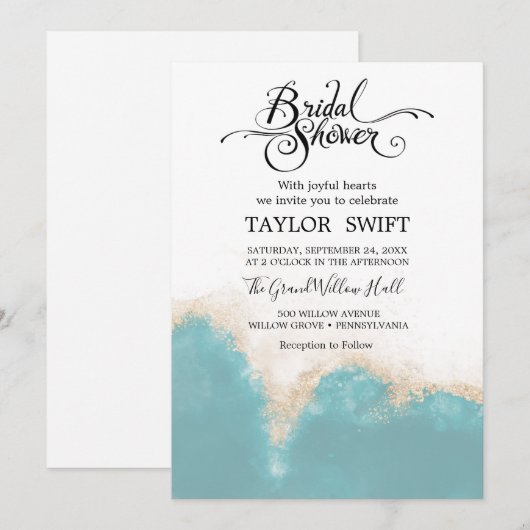 Aquarelle moderne Bleu Douche nuptiale Invitation (Devant / Derrière)