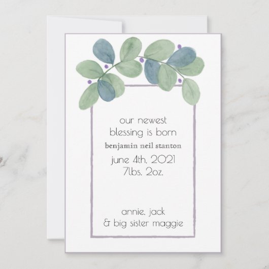 Aquarelle moderne Faire-part de naissance vert (Devant)