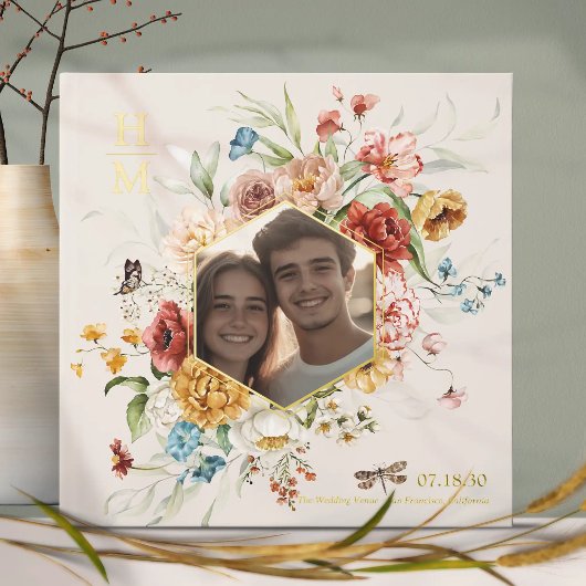 Aquarelle moderne Floral Couple Photo Mariage or