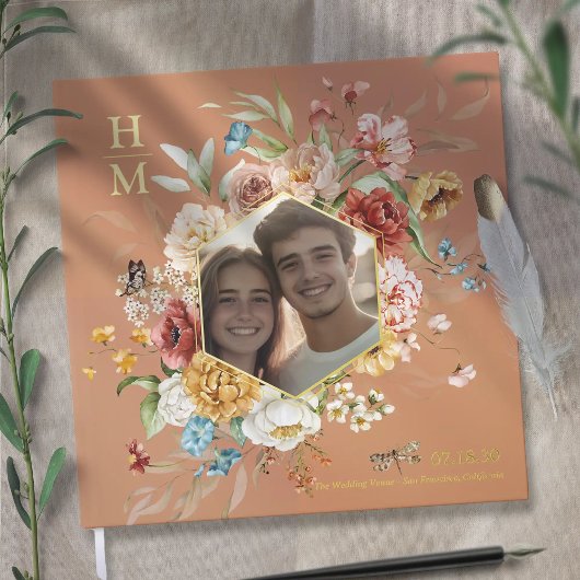 Aquarelle moderne Floral Couple Photo Mariage or