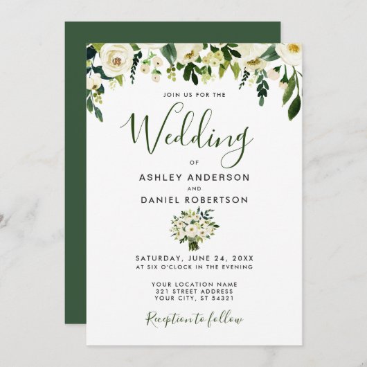Aquarelle moderne Floral Green Wedding Invitation (Devant / Derrière)
