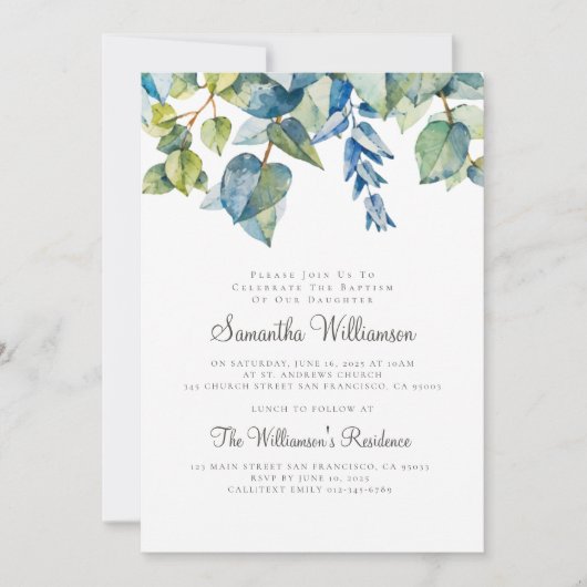 Aquarelle moderne Foliage Baptême Invitation (Devant)