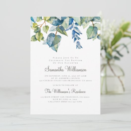 Aquarelle moderne Foliage Baptême Invitation (Debout devant)