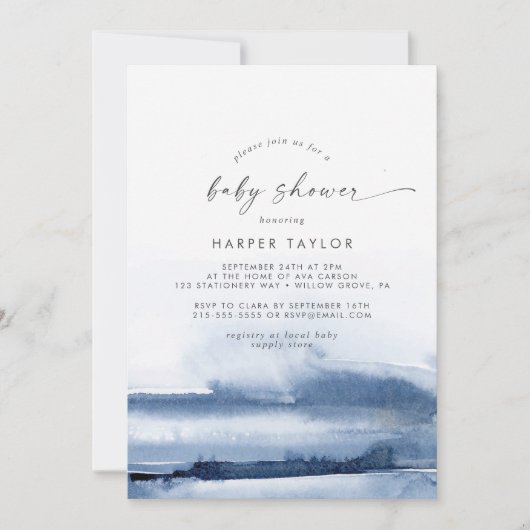 Aquarelle moderne | Invitation Baby shower bleu (Devant)