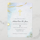 Aquarelle moderne | Invitation Baptême Bleu & Or (Recto)