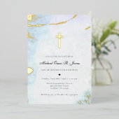 Aquarelle moderne | Invitation Baptême Bleu & Or (Debout devant)