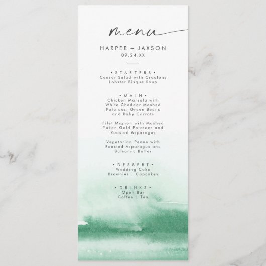 Aquarelle moderne | Menu Dîner Mariage Vert (Devant)