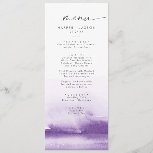 Aquarelle moderne | Menu Dîner Mariage violet (Devant)