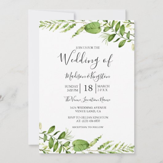 Aquarelle moderne verte Mariage Feuille Invitation (Devant)