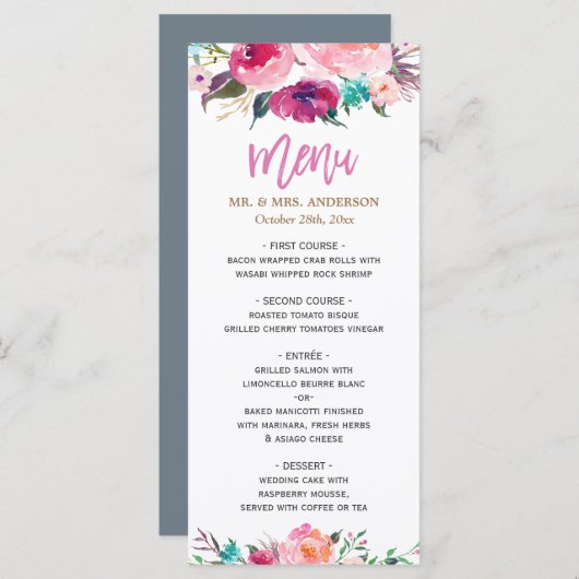 Aquarelle moderne violet rose rose Mariage menu (Devant / Derrière)