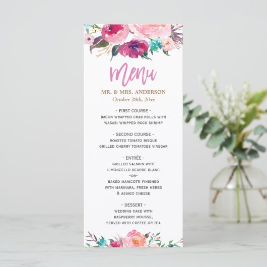 Aquarelle moderne violet rose rose Mariage menu (Debout devant)