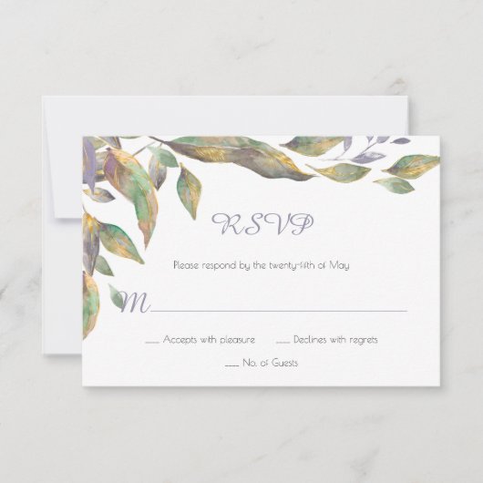 Aquarelle moderne violet vert or Feuilles RSVP | (Devant)