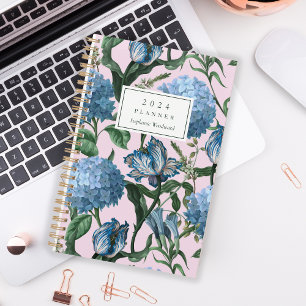 Aquarelle motif floral bleu rose Monogramme 2024