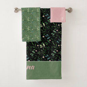 Aquarelle motif vert nom feuille rose serviette de