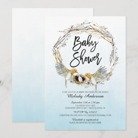 Aquarelle Nid Filles Invitation Baby shower (Devant / Derrière)