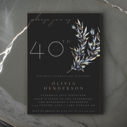 Aquarelle noire Branche d'olive Invitation d'anniv