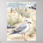 Aquarelle Ocean Beach Poster de mouettes (Devant)