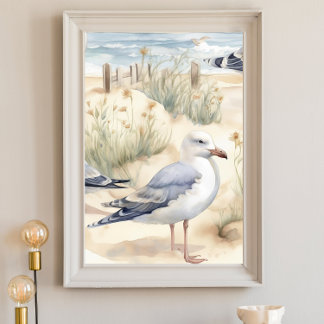 Aquarelle Ocean Beach Poster de mouettes