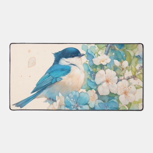 Aquarelle Oiseau Bleu Floraison de Printemps (Recto)