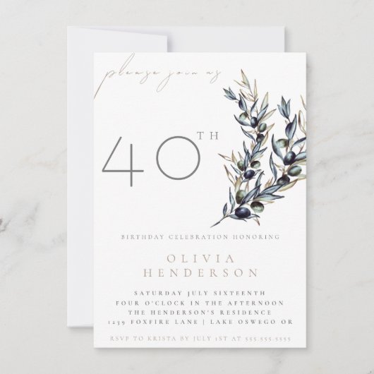 Aquarelle Olive Branch Adulte Birthday Invitation (Devant)