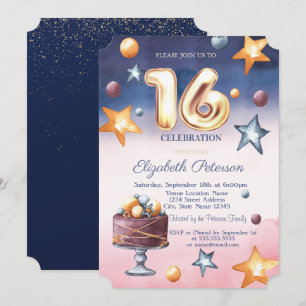 Aquarelle Ombre Stars Cake Sweet 16 Invitation