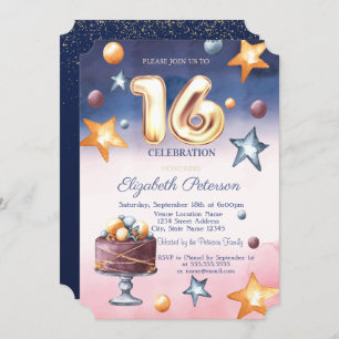 Aquarelle Ombre Stars Cake Sweet 16 Invitation