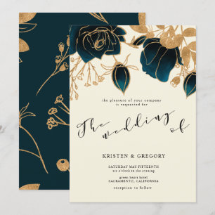 Aquarelle or et Faire-part de mariage verte