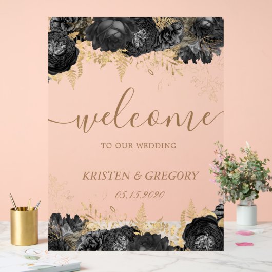 Aquarelle or noir Rose Mariage Bienvenue (Mariage)