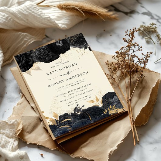 Aquarelle or noir Roses Faire-part de mariage