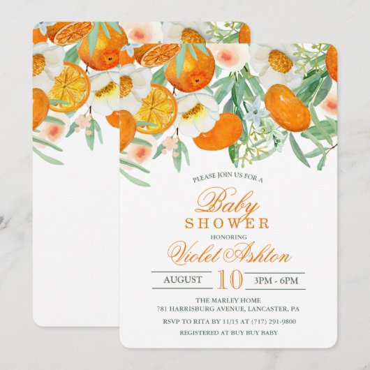 Aquarelle Orange Floral Baby shower Invitation (Devant / Derrière)