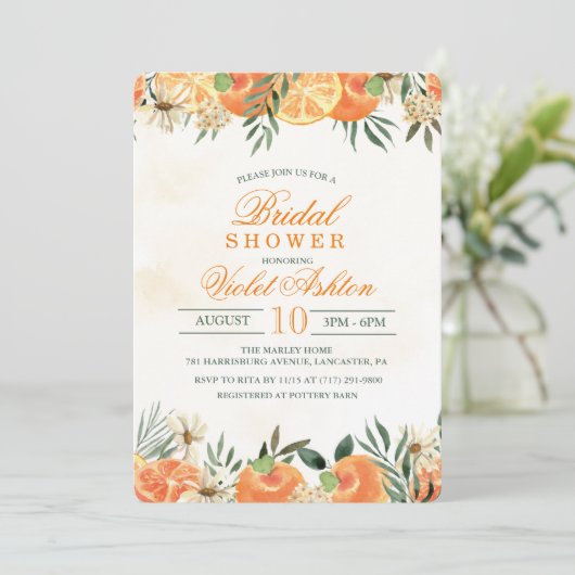 Aquarelle Orange Floral Douche nuptiale Invitation (Debout devant)