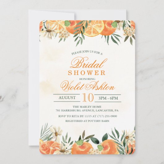 Aquarelle Orange Floral Douche nuptiale Invitation (Devant)