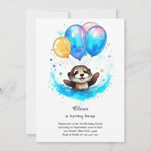 Aquarelle Otter Invitation Anniversaire (Devant)