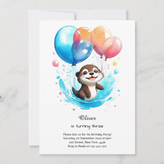 Aquarelle Otter Invitation Anniversaire (Devant)