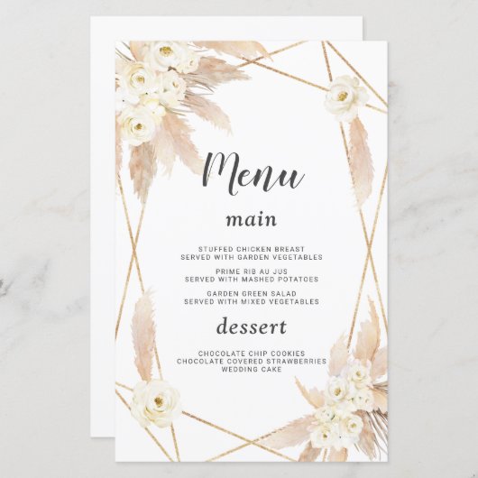 Aquarelle Pampas Grasse Fleurs blanches Menu Maria (Devant / Derrière)