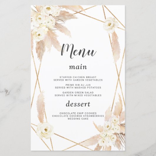 Aquarelle Pampas Grasse Fleurs blanches Menu Maria (Devant)