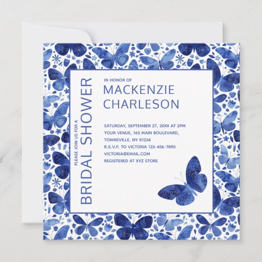 Aquarelle Papillon bleu Douche nuptiale Invitation (Devant)