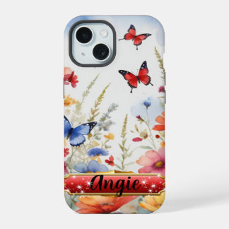 Aquarelle Papillons rouges et bleus et fleurs
