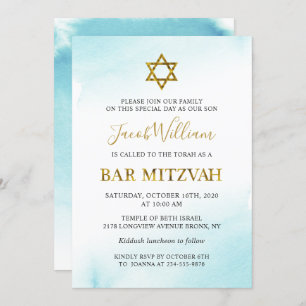 Aquarelle Pastel Blue Gold Bar Mitzvah Invitation