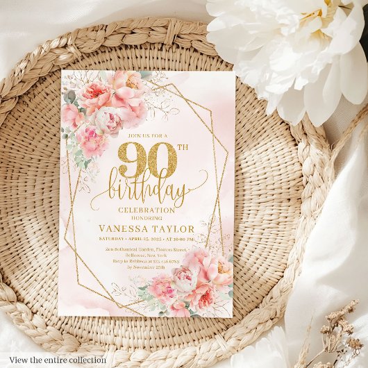Aquarelle Pastel Pink Gold Floral 90e Invitation